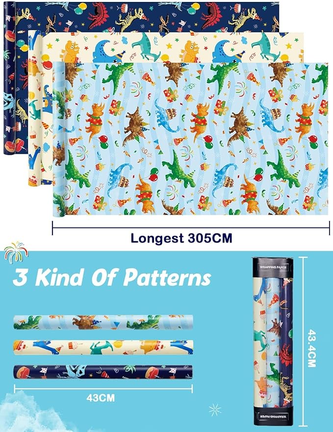 WERNNSAI Dinosaur Wrapping Paper Rolls - 3 Rolls 17” x 120” Happy Birthday Wrapping Paper Kids Wrapping Paper Rolls Boy Dinosaur Gift Wrap Paper Dinosaur Party Favor Happy Bday Wrap with Cutting Line on Back
