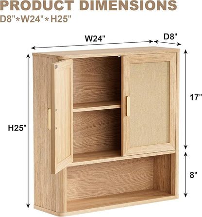 INNOD Rattan Bathroom Wall Cabinet with Open Compartments, Wall-Mounted Medicine Cabinet with Adjustable Wood Shelf & Doors, Over the Toilet Storage Cabinet for Laundry Room & Kitchen & Living Room