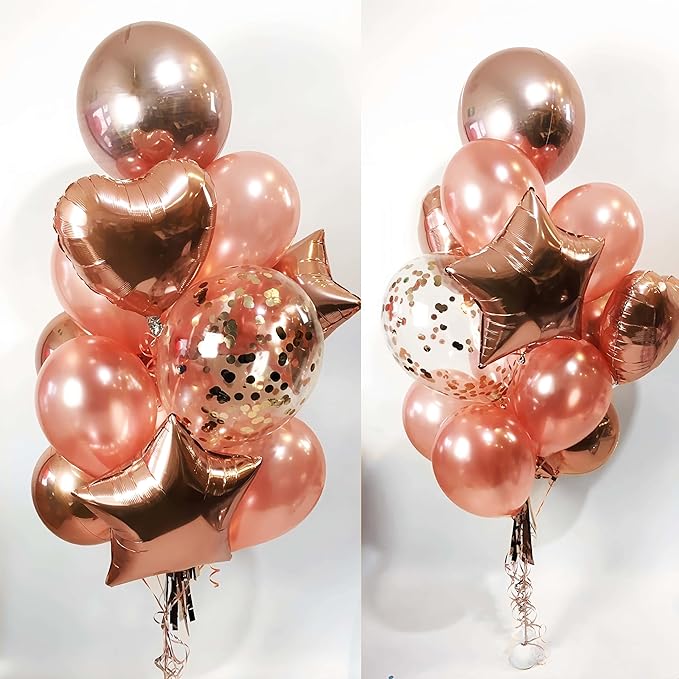 Rose Gold Balloons Birthday Decorations, Pearl Rose Gold Confetti Birthday Balloon for Women, Pentagram Heart Balloon for Glitter Happy Anniversary Balloons Wedding Bridal Shower