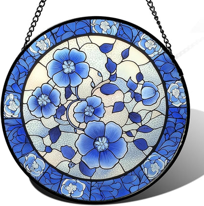 Stained Glass Window Hanging, Blue and White Plum Blossom Sun Catcher for Door Home Decor Flowers Suncatcher Christmas Mother's Day Birthday Gifts for Women Men Mom and Nana 15 in