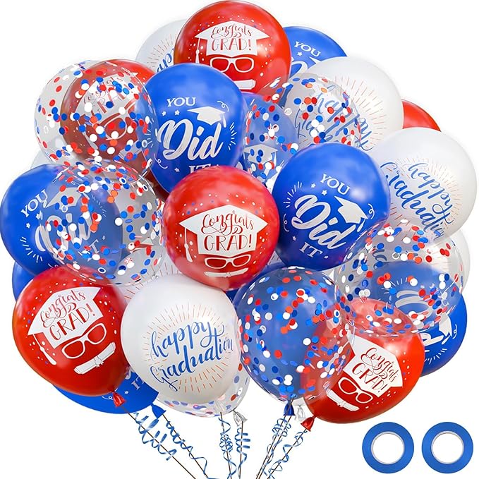 OuMuaMua 75Pcs Graduation Party Decorations Balloons Set - 12 Inch Congrats Navy Blue Red White Confetti Latex Balloons for Class of 2026 Graduation Birthday Party Decor Supplies