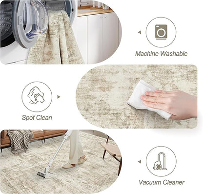 Soalmost 10x14 Area Rugs for Living Room, Non Slip Machine Washable Vintage Carpets, Low Pile Lightweight Large Rug for Bedroom, Dining Room, Home Office Beige Gray