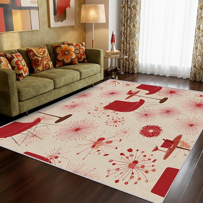 50s Retro Rug Square 8x8 60s 70s Mid Century Modern Pattern Area Rugs for Living Room, Bedroom, 50s Retro Home Decor Accessories Indoor Carpet, Non Slip & Machine Washable