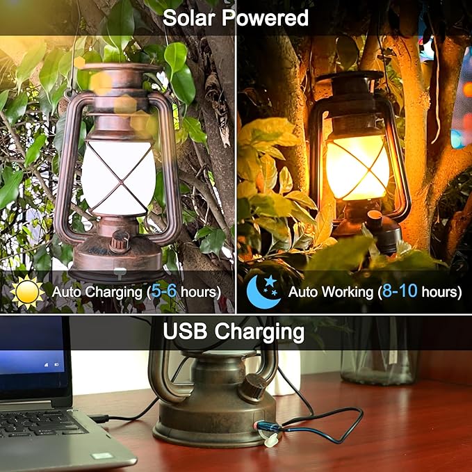 Solar Lantern Outdoor, Hanging Solar Lights Flickering Flame LED Vintage Lantern, Waterproof Camping Lamps, Auto On/Off Landscape Decor for Patio Garden Yard Pathway Porch, Rechargeable Lanterns 2Pack