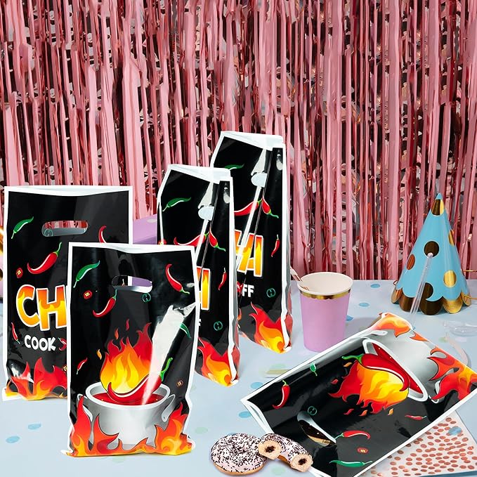 50Pcs Chili Fire Party Favor Bag - Cook Off Contest Plastic Waterproof Goodie Bag Chili Pepper Flame Contest Tasting Competition Cinco De Mayo Mexican Fiesta Birthday Party Festival Supplies