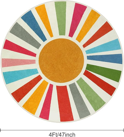 STARUIA Small Round Rug 4 Ft Washable Round Rug for Kids Room, Colorful Sun Circle Rug for Playroom, Non-Slip Circular Office Carpet Soft Rainbow Rug for Bedroom Reading Corner Dorm