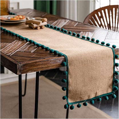 Natural Jute Table Runner, Burlap Style Table Runner, Rustic Farmhouse Table Runner Country Vintage for Wedding, Party Table Decorations, Boho Décor Jute Green Balls 12x63 inch TAB28