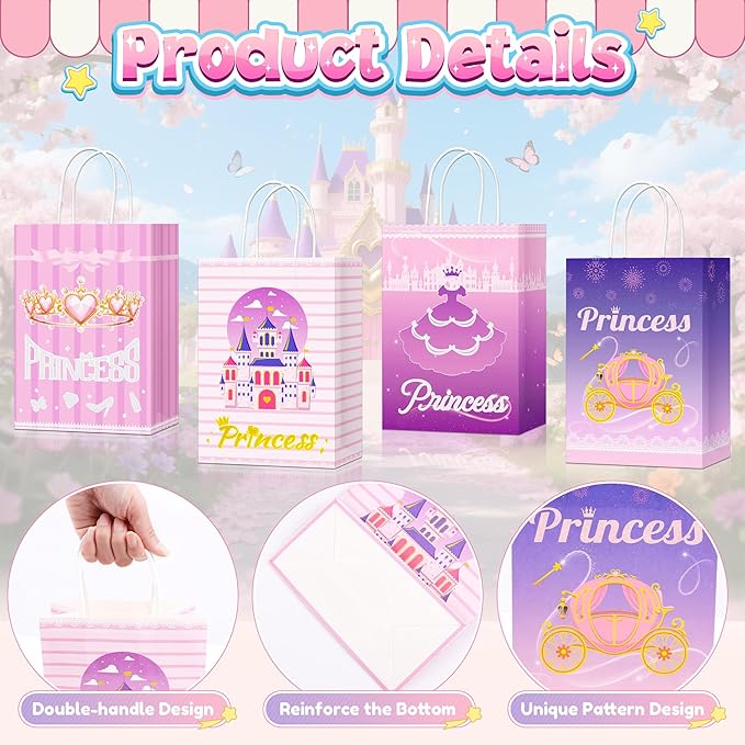 16Pcs Princess Goodie Bags, Pink Princess Party Favor Bags with Handles, 4 Styles Paper Thick Bottom Reusable Castle Treat Candy Gift Bags for Party Decorations Birthday Supplies Baby Shower Wedding(16)