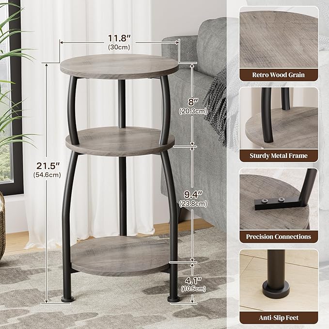 Small Round Side Table, 3-Tier End Table with Storage Shelf, Slim Sofa Table Coffee Table, Sturdy & Easy Assemble Nightstand for Small Spaces, Living Room Bedroom Corner, Grey