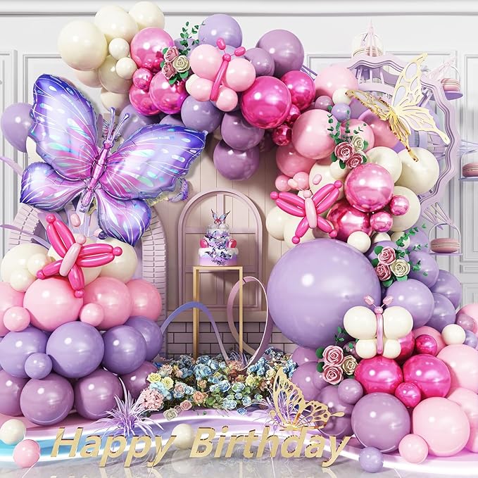 Butterfly Balloon Arch Kit, 135 PC Purple and Purple Butterfly Fairy Birthday Balloons Garland, Metallic Pink Cream Balloons Foil Balloons, Fairy Theme Baby Shower Birthday Decorations for Girls