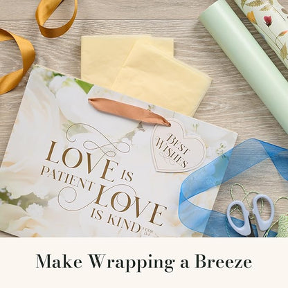Christian Art Gifts Large Landscape Inspirational Scripture Gift Bag, Tag & Tissue Wrapping Paper Set for Wedding Presents: Love is Kind Encouraging Bible Verse,Satin Ribbon Handles, White Rose Floral