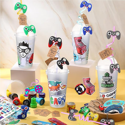 Lenwen 128 Pcs Video Game Party Favors Set Includes Reusable Gamer Drinking Straws Cups 3D Puffy Stickers Slap Bracelets Keychains Game Seals Gift Tags Stickers for Kids Gamer Birthday Party (Cool)