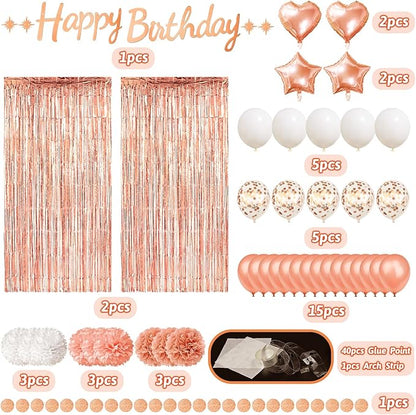 ZERODECO Rose Gold Birthday Party Decorations, Happy Birthday Banner Rose Gold Fringe Curtain Paper Pompoms Foil Confetti Balloons for Women Girls Princess Party