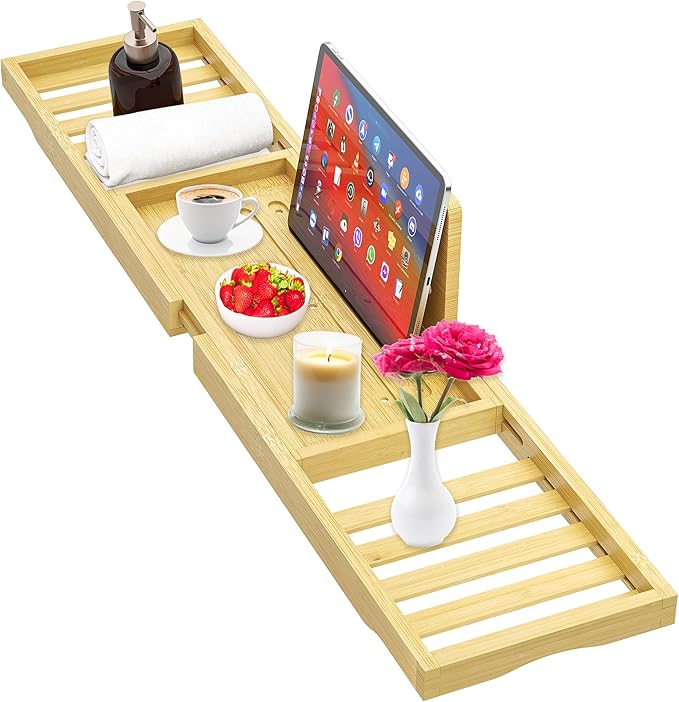 Bathtub Tray - Bath Tray Expandable - Bath Table Trays for Bathtub/Tub,Premium Bamboo Wooden, Fits Most Bath Tubs