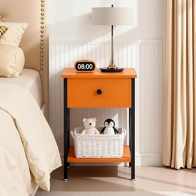 VECELO Nightstands, Modern Bedside End Tables Set of 2, Night Stand with Drawer and Storage Shelf for Living Room Bedroom, Industrial Metal Frame