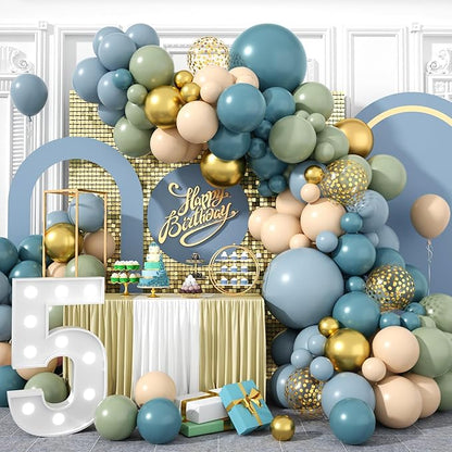 Dusty Blue Balloon Garland Arch Kit, Sage Green Dusty Blue Sand White Gold with Confetti Latex Balloons for Boy Baby Shower Wedding Birthday Party Decorations