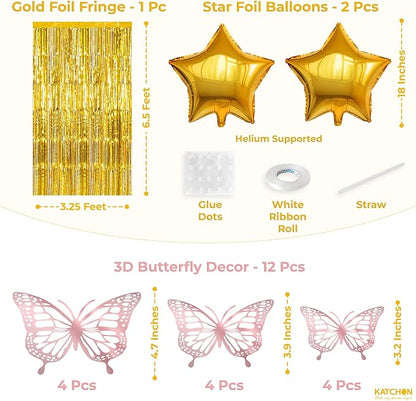 KatchOn, Sage Green Birthday Decorations - Pack of 51 | Happy Birthday Banner, Latex Balloons Arch Kit, Gold Fringe, Star Foil Balloons, Butterfly Theme Decor | Birthday Decorations for Women, Men