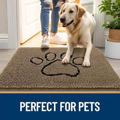 OLANLY Dog Door Mat for Muddy Paws 24x16, Paw Print Design, Absorbs Moisture and Dirt, Absorbent Non-Slip Washable Doormat, Quick Dry Chenille Mud Mat for Dogs, Entry Indoor Entryway Carpet, Tan