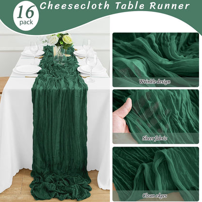 16Pack Emerald Green Table Runner 10FT Cheesecloth Table Runner 35x120Inch Long Boho Cheese Cloth Table Runners Rustic Gauze Table Runners for Party Wedding Bridal Shower Baby Shower Decorations