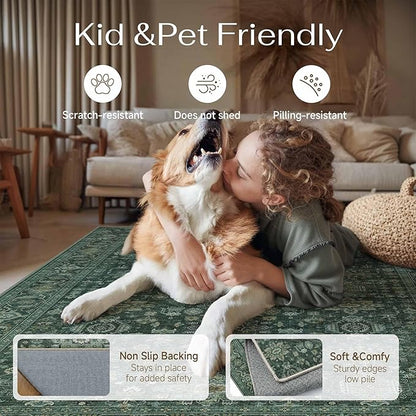 6x9 Washable Area Rug for Living Room Bedroom Vintage Green Carpet Soft Low Pile Traditional Retro Non Slip Throw Rug for Dining Room Entryway Indoor Dorm Kitchen