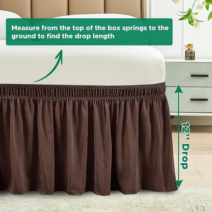 Biscaynebay Wrap Around Bed Skirts for Twin & Twin XL Beds Short Drop of 12", Brown Adjustable Elastic Dust Ruffles Easy Fit Wrinkle Resistant Silky Luxurious Fabric Machine Washable
