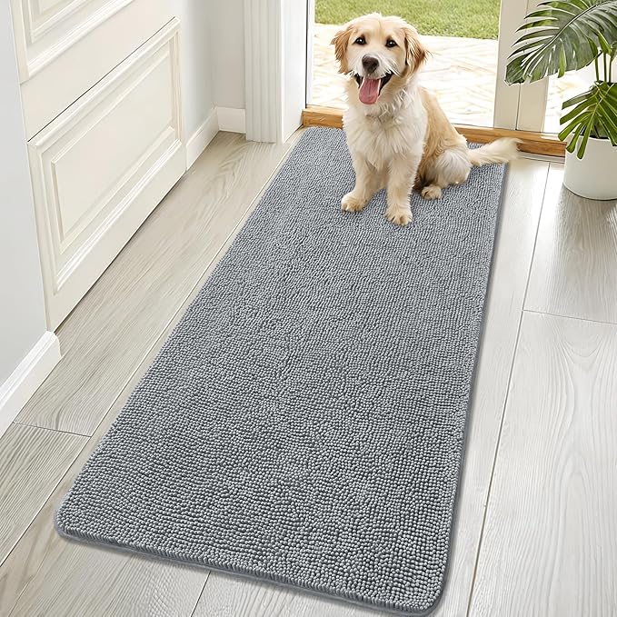 OLANLY Dog Door Mat for Muddy Paws 70x32, Absorbs Moisture and Dirt, Absorbent Non-Slip Washable Doormat, Quick Dry Chenille Mud Mat for Dogs, Entry Indoor Entryway Carpet for Inside Floor, Grey