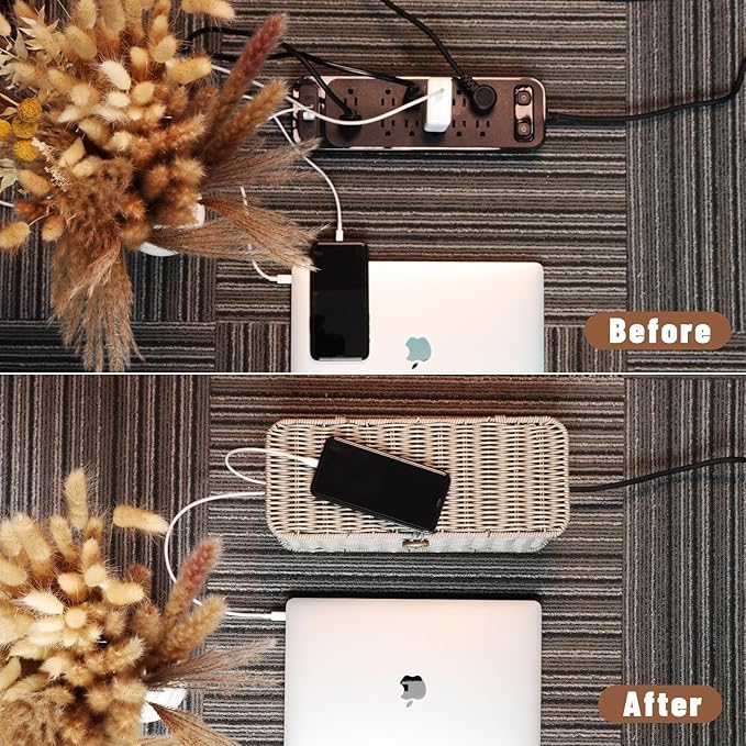 BROWNLILY Cable Management Box, Rattan Style Cord Organizer for Desk Cord Hider Outlet Covers Baby Proofing for Power Strip TV PC Router Charger Under Desk Storage with Lockable Lid and Cable Ties