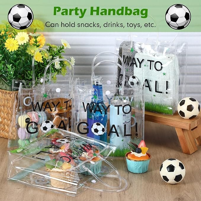 Abbylike 24 Pcs Soccer Clear PVC Gift Bag with Handles Party Favor Bag Candy Gift Treat Bags for Sports Theme Party Decorations Game Celebration Supplies Birthday Decorations