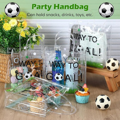 Abbylike 24 Pcs Soccer Clear PVC Gift Bag with Handles Party Favor Bag Candy Gift Treat Bags for Sports Theme Party Decorations Game Celebration Supplies Birthday Decorations