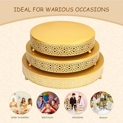 3 Piece Cake Stands Set 16'' 14'' 12'' Round Metal Cake Stands Cupcake Stand Riser Pastry Candy Display Plate for Dessert Table Wedding Event Birthday Anniversary Party (Gold)