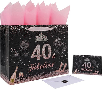 wishinside 13'' Large 40th Birthday Gift Bag Set with Handles, Greeting Card, Pink Tissue Papers and Stickers for 40 Year Old, Her, Women, Sister, Daughter, Best Friend, Tiara Design, 1 Pcs