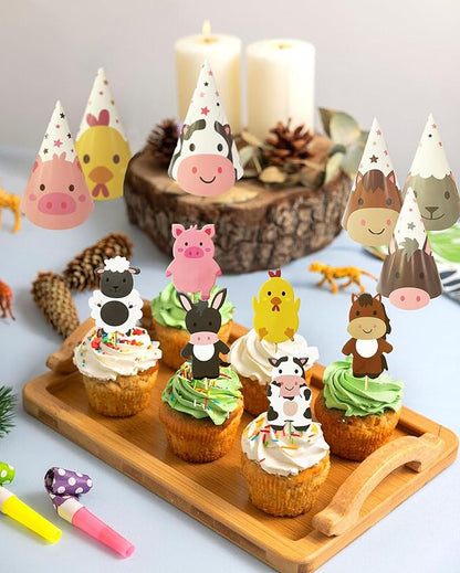 TSJ 24PCS Animal Themed Costume Hats Birthday Party Headband, Farm Cupcake Toppers for Farm Themed Party Favors