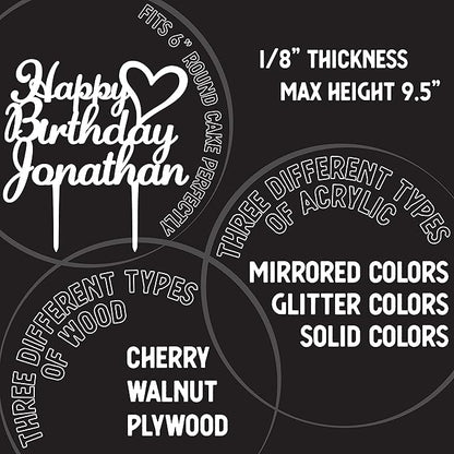 Personalized Birthday Cake Topper - Happy Birthday Cake Toppers w/Name and Heart - Custom Acrylic Cake Decorations, Birthday Cake Topper for Birthday Party - 2 Glitter Acrylic Option
