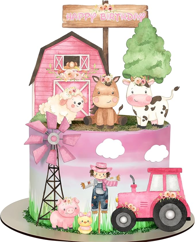 Pink Farm Cake Toppers for Farm Animals Birthday Decoration 14 Pcs Farm Animals Cake Becorations Birthday Party Supplies Cow Birthday Party Supplies