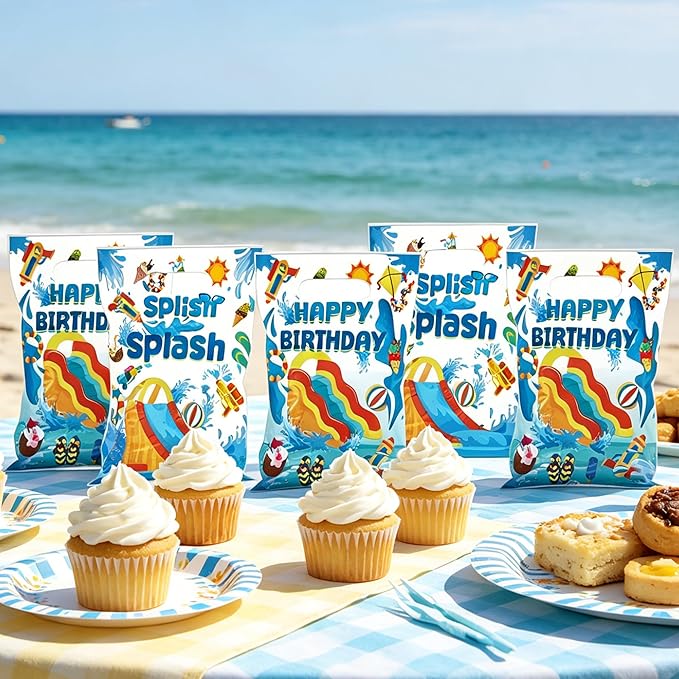 MOIZYNG 50Pcs Splish Splash Summer Birthday Gift Bags with Handles, Blue Splish Splash Happy Birthday Plastic Candy Treat Goodie Bags for Summer Pool Party Favors Supplies