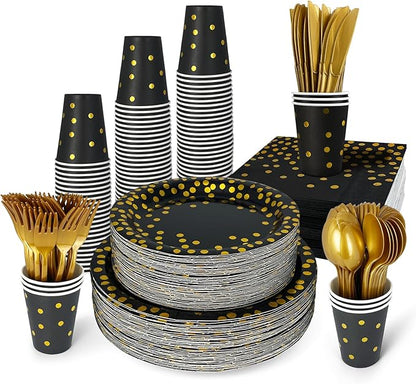 Disposable Plates for Party 50 Sets, Holiday Paper Plates and Napkins w/Cutlery & Cups, Heavy Duty Golden Dot Black Paper Plates and Napkins Cups for Baby Shower Birthday Wedding