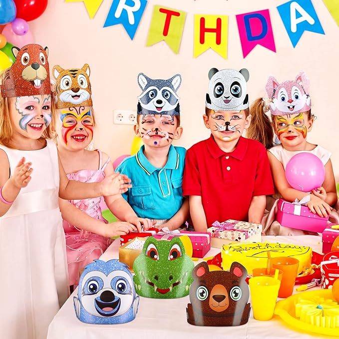 Tinlade 48 Pcs Animal Hats for Kids Jungle Safari Animal Paper Party Crowns Headbands Bulk Zoo Birthday Party Favors for Girls Boys