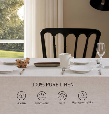 100% French Flax Linen Tablecloths Scalloped Embroidery Rectangle 120Lx60W Inch for Dinners, Parties, Spring, Machine Washable, 10-12 Sets, Linen(Edges-Green)