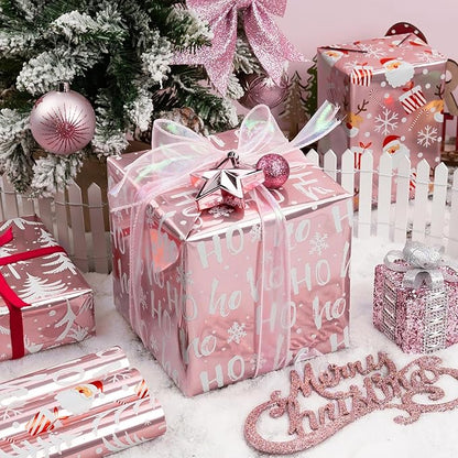 Burymento Christmas Wrapping Paper, Reversible Pink Christmas Tree, HO Santa Laughter, Snowflake, Reindeer, Design Gift Wrapping Paper Suitable for Holiday, Mini Roll (17 Inch X 120 Inch)