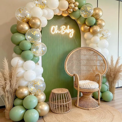 60pcs Sage Green Gold White Balloons Garland Kit - 12 Inch Olive Green, Metallic Gold & White Confetti Latex Balloons for Wedding, Baby Shower, Gender Reveal, Boho Birthday Party Decorations