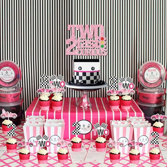 Two Fast Two Curious Birthday Decorations, 25Pcs Race Car Cake Topper Cupcake Toppers Pink for Girl 2nd Birthday Let’s Go Racing Party Supplies