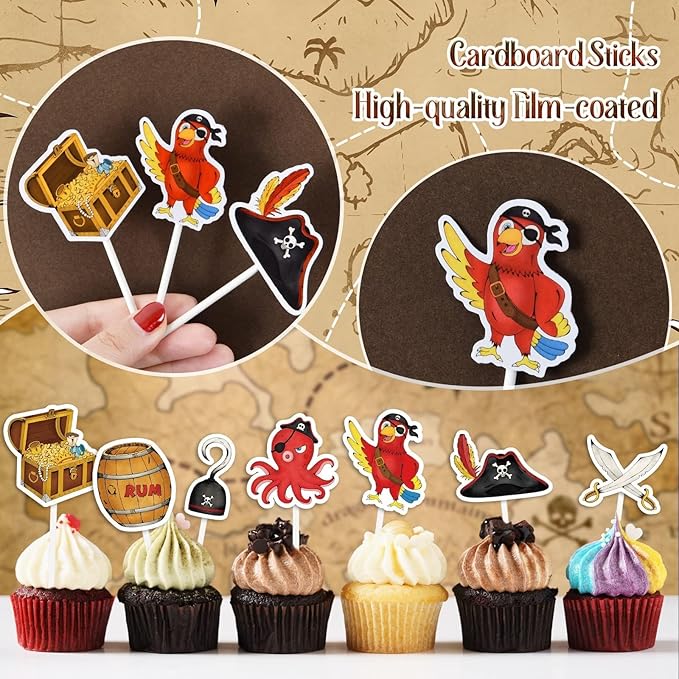 WERNNSAI 49 PCS Pirate Cupcake Toppers - Pirate Birthday Party Decorations Pirate Parrot Cake Toppers Pirate Day Party Favors Supplies Pirate Ship Cake Topper Pirate Theme Cake Decors