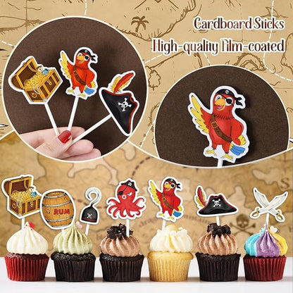 WERNNSAI 49 PCS Pirate Cupcake Toppers - Pirate Birthday Party Decorations Pirate Parrot Cake Toppers Pirate Day Party Favors Supplies Pirate Ship Cake Topper Pirate Theme Cake Decors