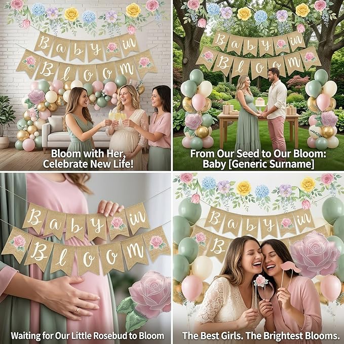 Baby in Bloom Balloon Kit - Dusty Sage Green & Pastel Pink Floral Decorations - Floral Foil Balloons & Banner Set for Girls Boho Baby Shower Spring Garden Birthday Tea Party Supplies