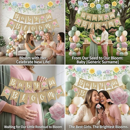 Baby in Bloom Balloon Kit - Dusty Sage Green & Pastel Pink Floral Decorations - Floral Foil Balloons & Banner Set for Girls Boho Baby Shower Spring Garden Birthday Tea Party Supplies