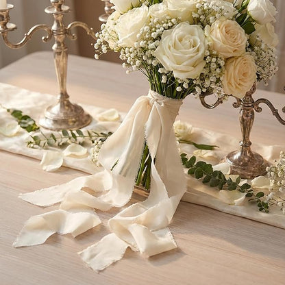 Handmade Chiffon Ribbon 1.5 Inch Wide, 3 Rolls 21 Yards, Soft Frayed Edge Ribbon for Wedding Invitations, Bouquets, Gift Wrapping & Craft Decor (Cream White)