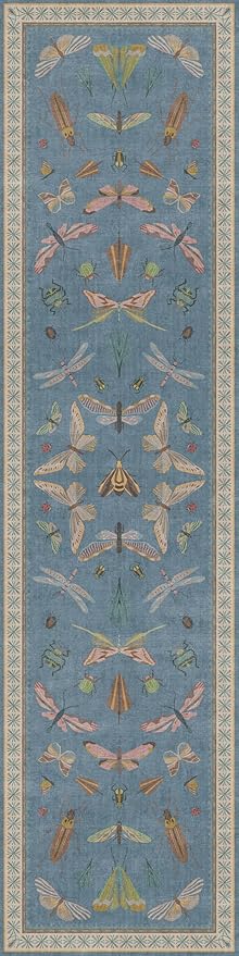 Hazo Haus Blue Boho Kitchen Runner Rug 2x8, Washable Non Slip Rug with Rubber Backing for Bathroom, Hallway & Laundry Room, Unique Insect Print Carpet
