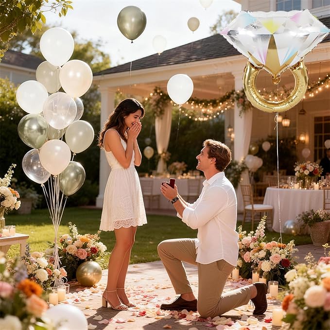 Gold and White Diamond Ring Balloons, Pearl White Beige Gold Double Latex Balloons with Big Ring Foil Balloon Set for Boho Engagement Bridal Shower Wedding She Said Yes Bachelorette Party Decorations