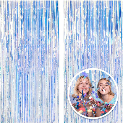 2 Pack Foil Curtain Backdrop Iridescent Metallic Tinsel Foil Fringe Curtains Photo Booth Props for Birthday Wedding Engagement Baby Shower Bachelorette Christmas Holiday Celebration Party Decorations