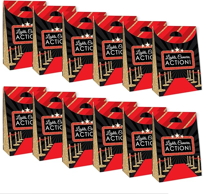 Big Dot of Happiness Red Carpet - Movie Night Gift Favor Bags - Party Goodie Boxes - Set of 12